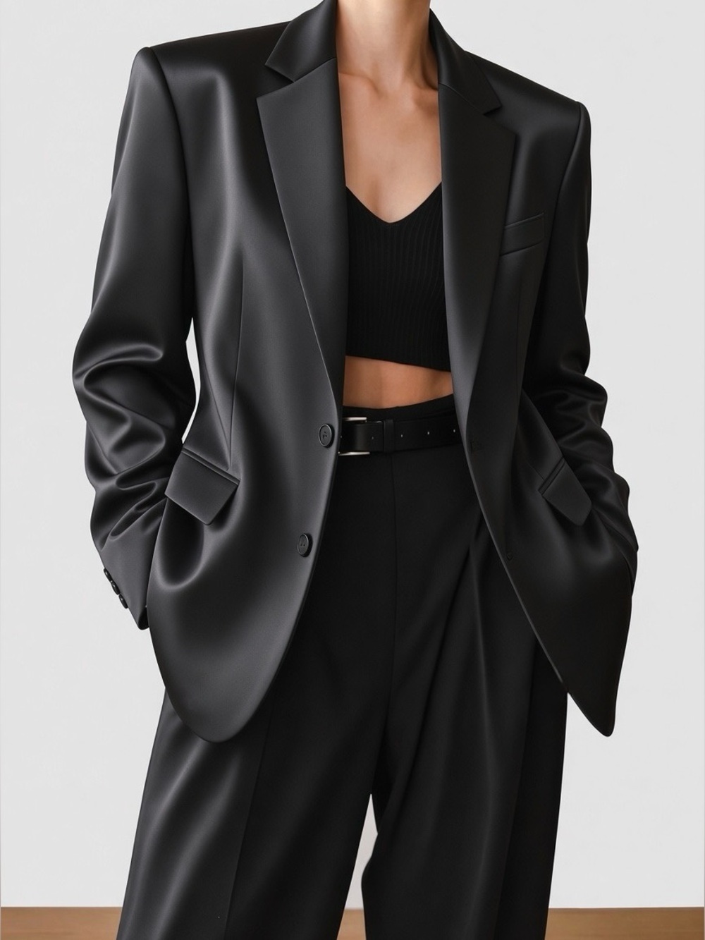 Sleek Black Two-Button Blazer Satin-Finish Suit Jacket with Flap Pockets